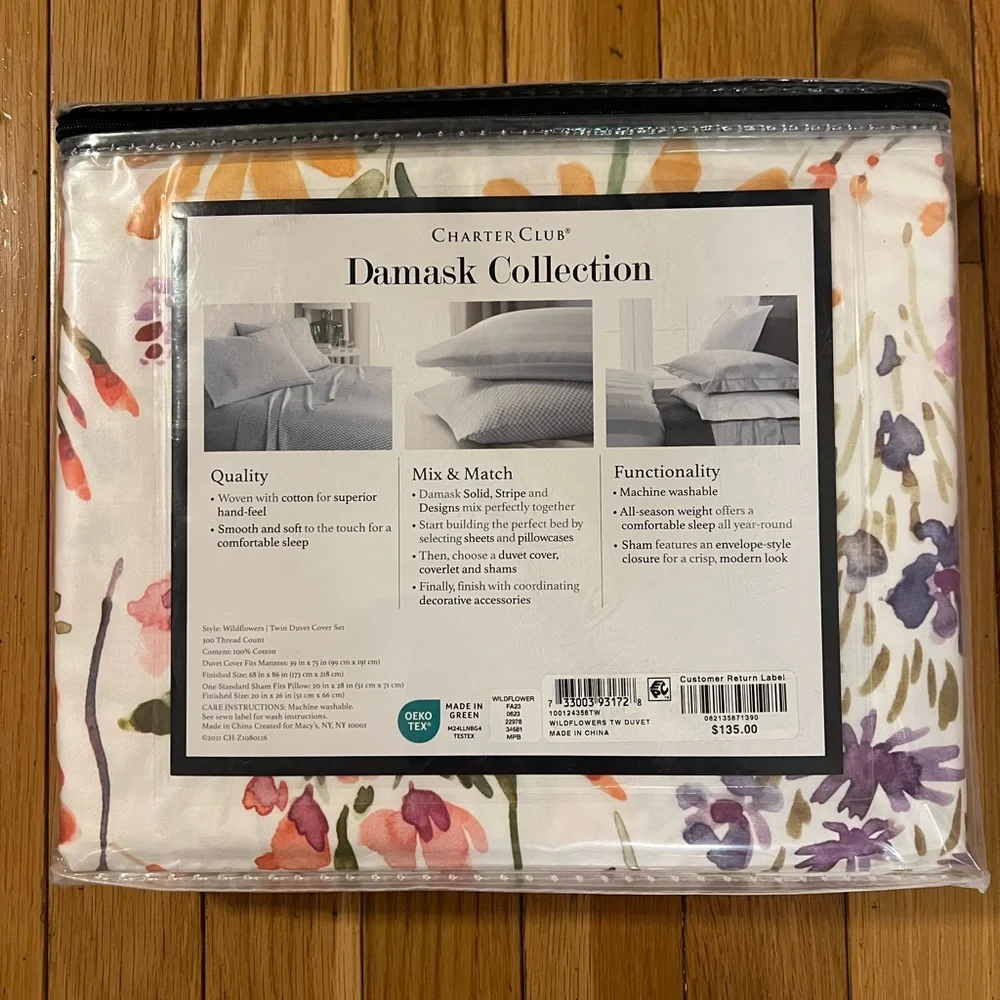 Charter Club Floral Watercolor Twin Duvet Cover in Pink, Orange and Green